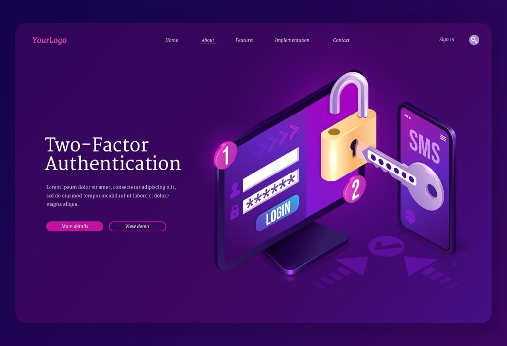 Two-factor authentication isometric landing page, password secure login verification or sms with push code message on smartphone or mobile phone and lock on computer pc desktop 3d vector web banner